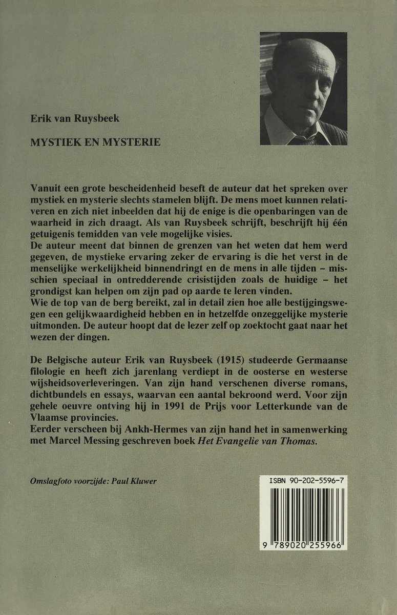 Achterkant boek 'Mystiek en mysterie' van Erik van Ruysbeek met portretfoto en tekst.