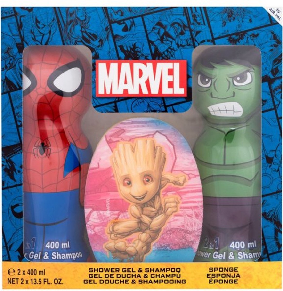 Marvel set Spider-Man & Hulk - Gel 400ml & Shampoo 400 ml + marvel groot spons - Spider-Man & Hulk