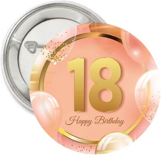 Foto: Button 18 jaar ros goud button 18 verjaardag ros goud happy birthday