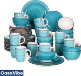 CasaVibe Service de Vaisselle - 48 pièces - 12 personnes - Porcelaine - Luxe - Service d'assiettes - Assiettes plates - Assiettes à dessert - Blauw Clair - Wit
