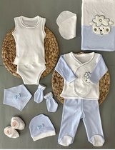10 delige new born set met deken -luxe geschenkdoos -100% katoen-anti allergisch-blauwe kleur - schapenmotief- babyshower- kraam cadeau -new born -boy- 0 tem 4 maanden