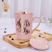 Boss Lady Gemarmerde Mok Met Deksel En Lepel - 400 Ml, Keramisch, Cadeau Voor Vrouwelijke Baas, Verjaardag Of Kerst