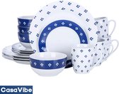 CasaVibe Serviesset – 16 delig – 4 persoons – Porselein - Luxe – Bordenset – Dinner platen – Dessertborden - Wit - Blauw
