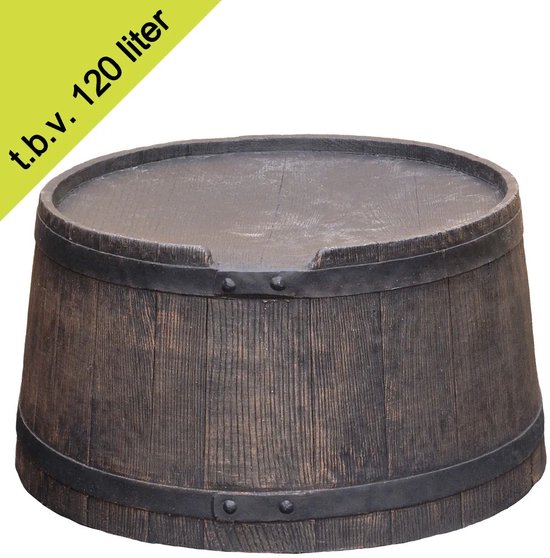 Base en forme de tonneau brun foncé avec des bandes métalliques, 120 litres.