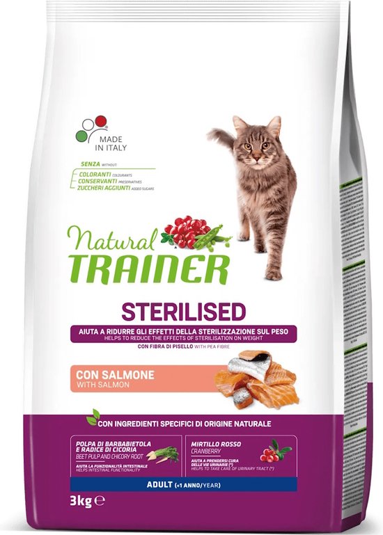 Natural Trainer Sterilised Zalm 3 kg Kattenvoer voor gecastreerde/gesteriliseerde katten bol