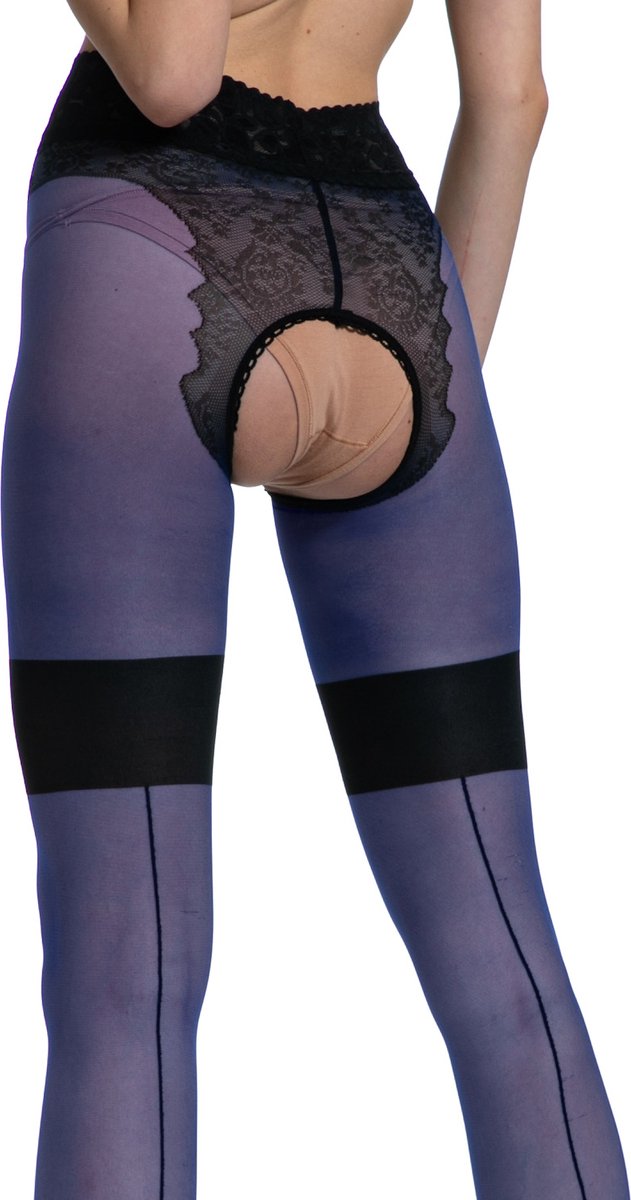 Goedkoopste Blauwe Panty open kruis - 30 Denier - Naadpanty - Maat S/M - Model Diva - Merk Amour