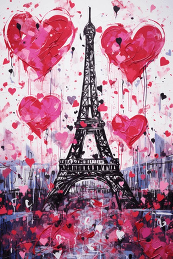 Parijs Poster | Eiffeltoren Poster | Liefdesposter | Hartjes | Verfspetter | Stadposter | Aquarel | Pop Art | 51x71cm | Wanddecoratie | Muurposter | CW | Geschikt om in te lijsten