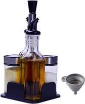 Azijn- en olieflessenset (5-delig), zout- en peperstrooier met verschillende schenkmogelijkheden, olie- en azijndispenser met trechter, geraffineerde en praktische zoutpeper en azijnset