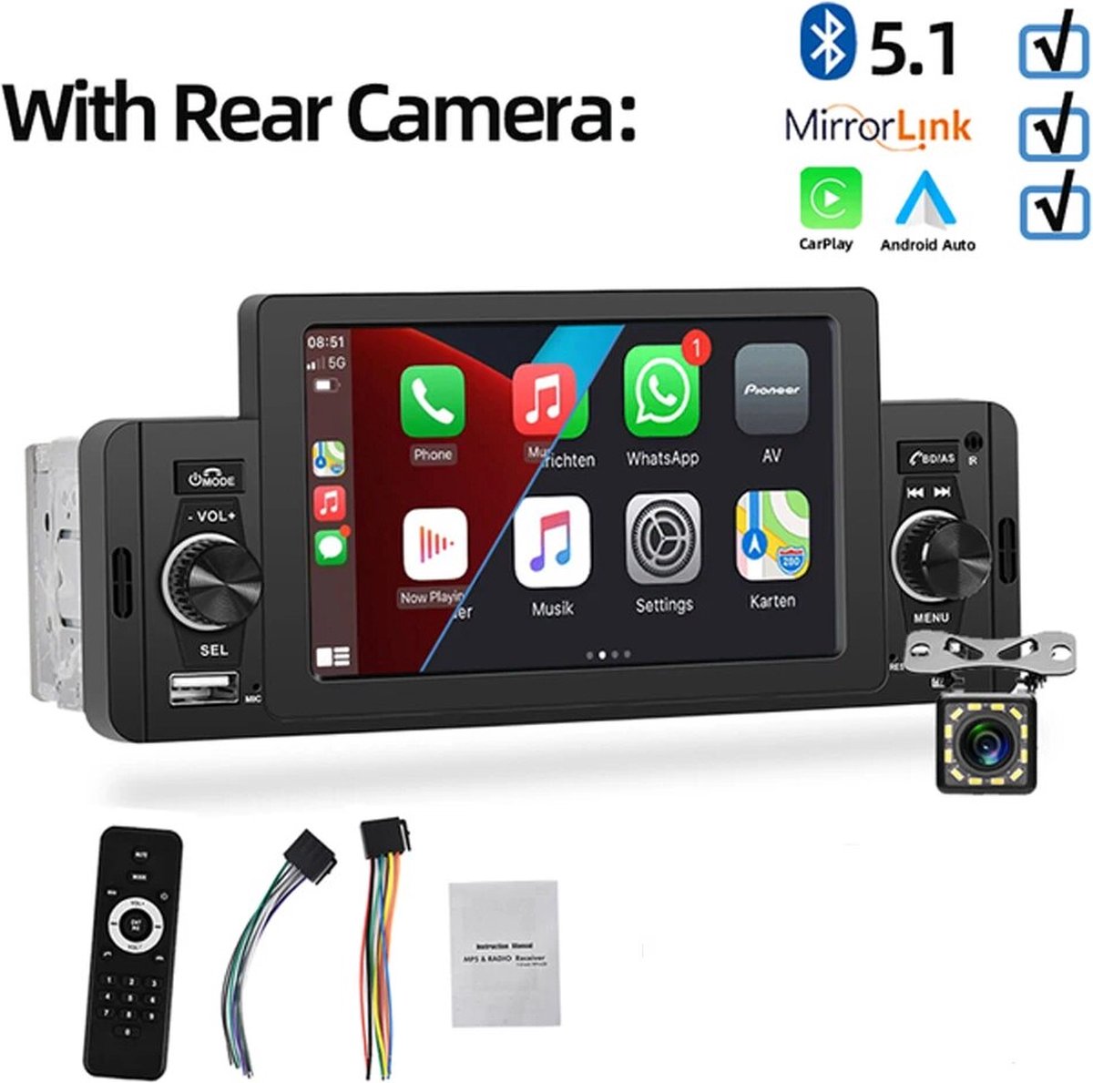 Gearelec 5 Inch Autoradio 1 Din Carplay Android - Apple Carplay- Bluetooth - USB - Camera Auto Multimedia Voor Volkswagen Nissan Toyo -Bluetooth Mirrorlink - FM Ontvanger