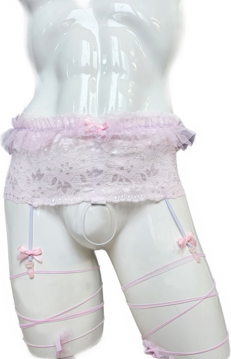 Goedkoopste BamBella® - Lingerie Maat S/M Sexy Erotische Heren ondergoed slip Roze kant penisring hold up kousen band