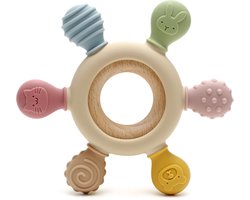 RubyC Bijtring Khaki Baby Bijtspeelgoed - Siliconen Bijtspeeltje met Houten Ring - Tandjes Kalmeren van Tandvlees - Kraamcadeau - Kerstcadeau - Sinterklaas Kerst Cadeau - Teether
