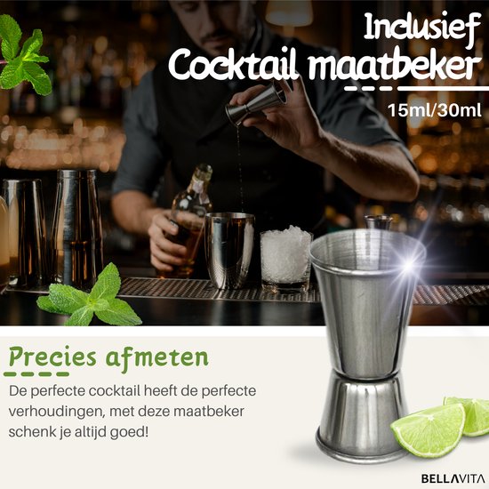 BELLAVITA ® Cocktail Set - 16-delig - 750ml - Cocktail shaker - Cocktailset - Cocktailshaker - Bartender set - Maatbeker - RVS - Bamboe - Drank - Drankjes maken - Feest