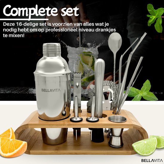 BELLAVITA ® Cocktail Set - 16-delig - 750ml - Cocktail shaker - Cocktailset - Cocktailshaker - Bartender set - Maatbeker - RVS - Bamboe - Drank - Drankjes maken - Feest