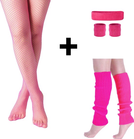 SET: Beenwarmer + Panty visnet + Zweetbandjes NEON FLUO ROZE | Carnaval outfit | Stevige Netpanty | Visgraat | Fishnet Stockings | Carnavalskleding | Kamping Kitch | Foute Party | Verkleden | 80s | Disco | Festival