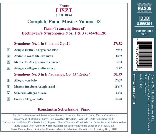 Achterkant van CD-hoes met tracklist voor Liszt: Complete Piano Music Volume 18, Piano Transcriptions of Beethoven's Symphonies Nos. 1 & 3.