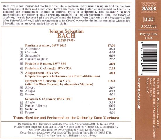 Achterkant van de CD 'J.S. Bach: Guitar Transcriptions' met tracklist, speelduur en informatie over opname en artiest.