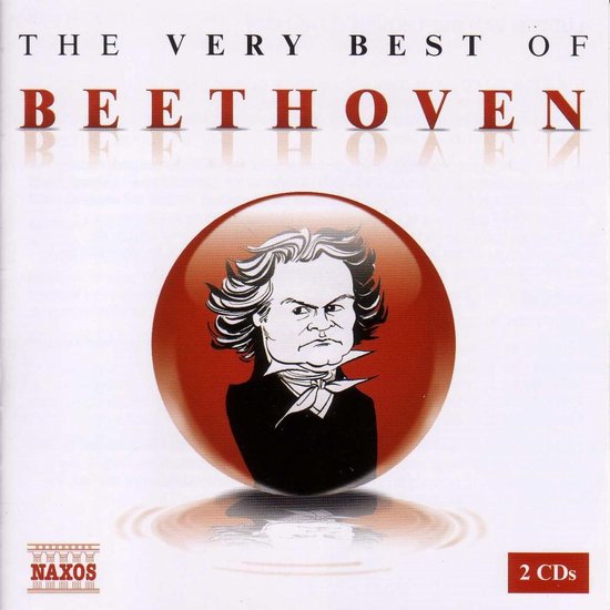 De voorkant van de CD-hoes met de tekst 'THE VERY BEST OF BEETHOVEN'. In het midden een karikatuur van Beethoven in een rode cirkel.