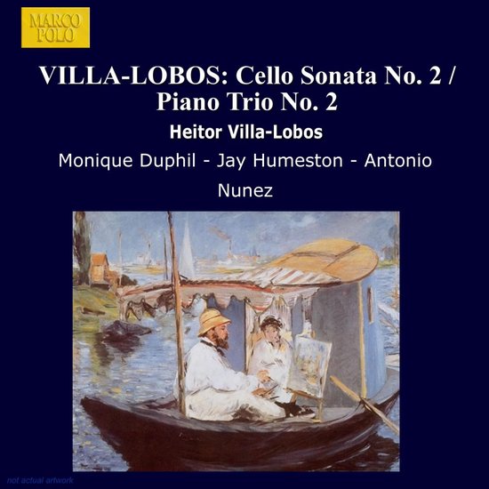 Albumhoes met schilderij van mensen op een boot, met tekst 'Villa-Lobos: Cello Sonata No. 2 / Piano Trio No. 2'.