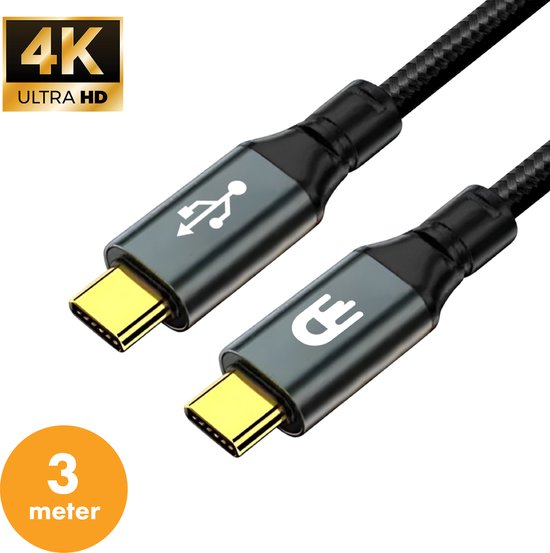 Drivv. USB C naar USB C 3.2 Kabel - 100w Snellader - 4K 60Hz - 20GBs - 3 Meter - O.a. Samsung, Macbook, iPhone 15 & Meer - Nylon - Grijs