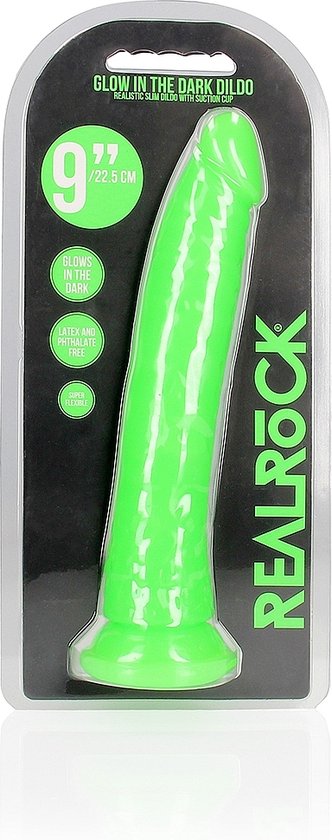 REALROCK - 9" Inch dildo - Slim Glow in the Dark Neon - Groen