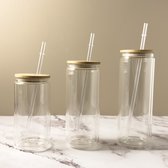 Glazen Drinkbeker | Nature Glass | Bamboe Deksel | Met Rietje | Transparant | 350ml