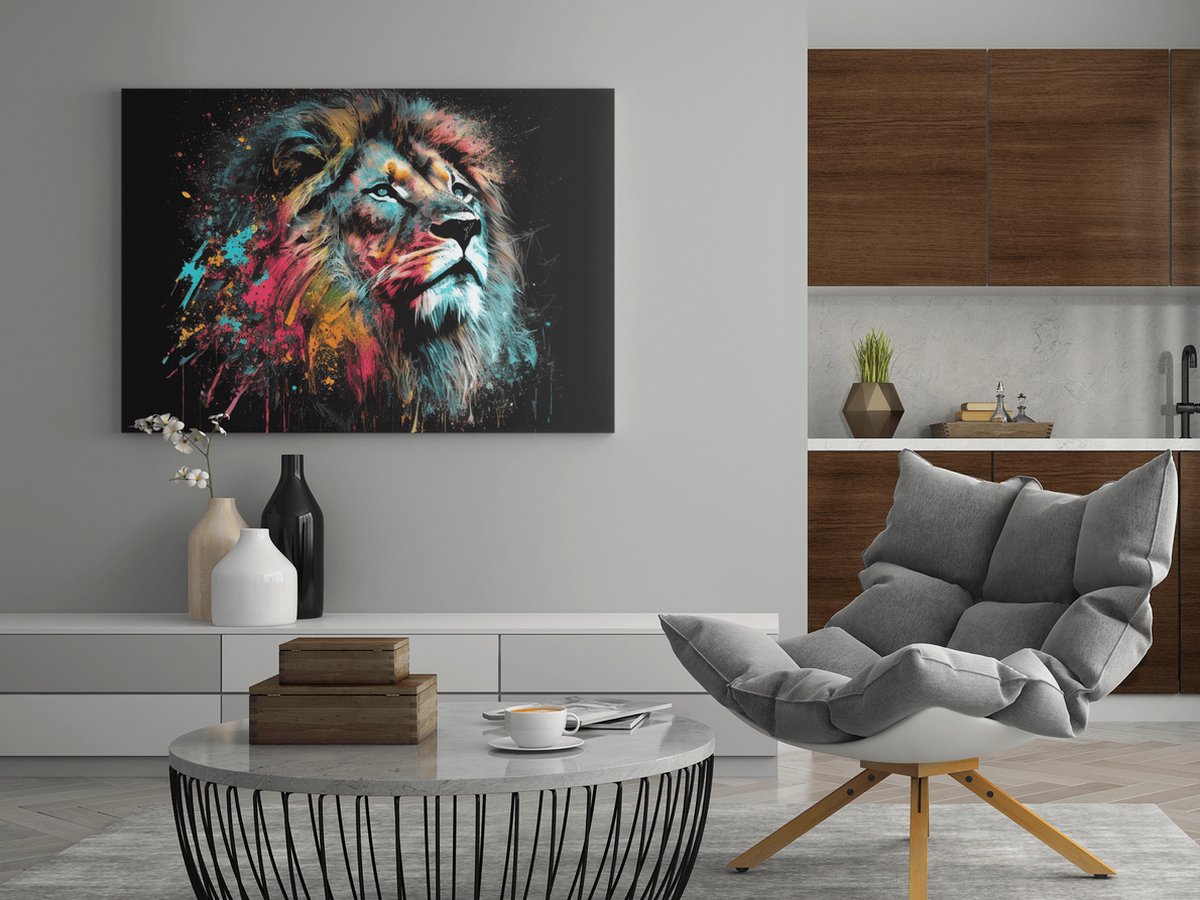 Trendex Global Canvas Schilderij Leeuw - Dieren - Kleurrijk - Schilderijen print op canvas - 90x60x2 cm Zwart