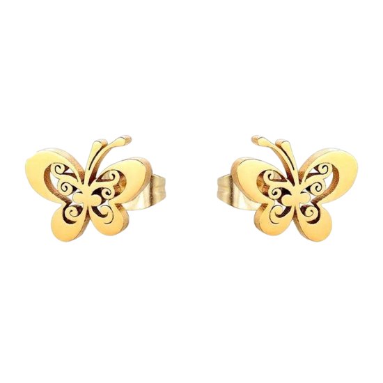 Aramat Jewels - Vlinder Serie - Oorknopjes - Goudkleurig - Vlindervorm - 8mm x 10mm - Modieuze oorsieraden - Goudkleurig metaal - Oorbellen - Elegante stijl - Sierlijk - Uniseks - Cadeau tip - Feestdagen