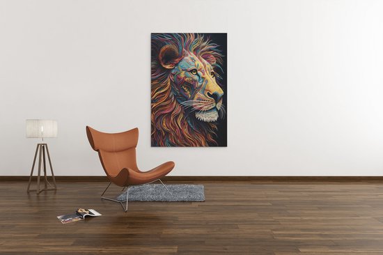Canvas Schilderij Dieren - Kleurrijke Leeuw - Portret - 90x60x2 cm