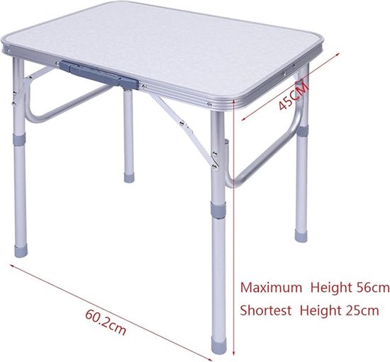 Portal Campingtafel, opvouwbaar, in hoogte verstelbaar, aluminium 90 x 53 cm, voor 4 personen, licht, camping, inklapbare vouwtafel, grijs