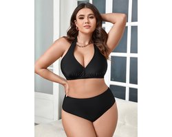 Bikini Set - Grote Maten Effen Zwarte Halter Strikband Bh - 2 - delige Set Badpak Lingerie Set - Zwemkleding Strandkleding P008 - Zwart