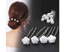 Bruids Haar Clips haarpinnen 12 stuks - PAREL haarpinnen+ Bloem haarpinnen -Youhomy Haarsieraad - Haarversiering - Haaraccessoire | Bruidskapsel pinnen- Bruidmeisje Haarpinnen U-vormige- zilver Bloem - Parel | Bruiloft Gelegenheid