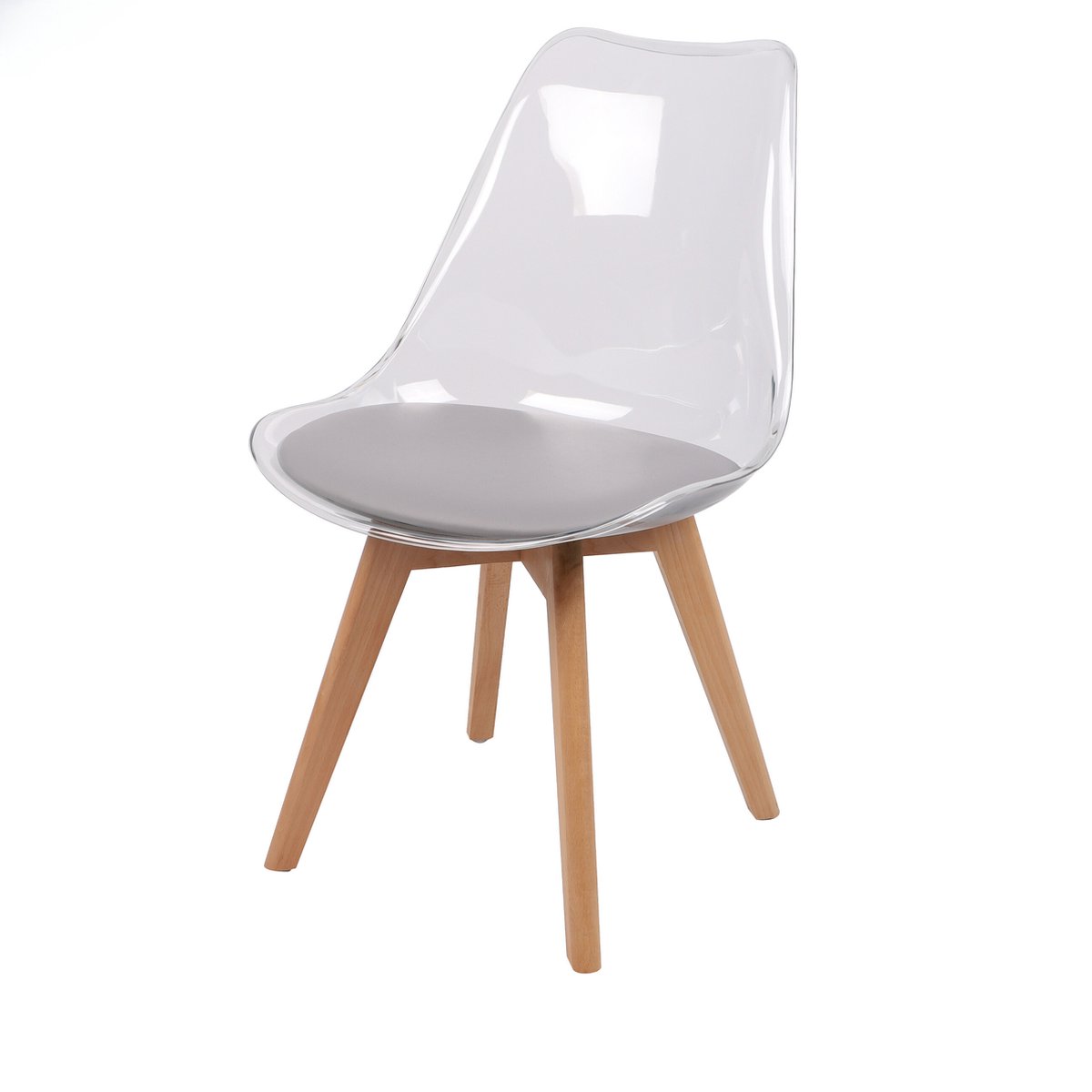 Set van 4 "JOY" transparante stoelen met grijs kussen en houten poten 57x50xH82 cm