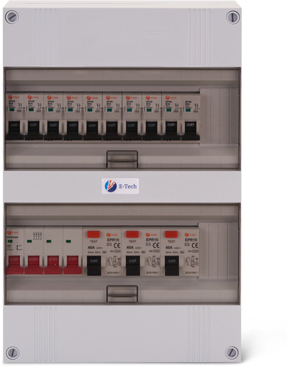 E-TECH Groepenkast 3 Fase – 8 Groepen B16 - 1 Kookgroep B16 2P+2N – 3 Aardlekschakelaars – 63A Hoofdschakelaar – Voorbedraad
