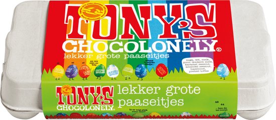Tony's Chocolonely Paaseitjes Chocolade Mix Groot - Paascadeautjes voor Kinderen - 18 Paaseieren in Eierdoos - Paaschocolade - 10 Verschillende Smaken - 12 x 255 Gram - Tony's Chocolonely