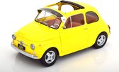 Het 1:12 gegoten model van de Fiat F Custom met zonneklep en Abarth-velgen uit 1968 in geel. De fabrikant van het schaalmodel is KK Models. Dit model is alleen online verkrijgbaar