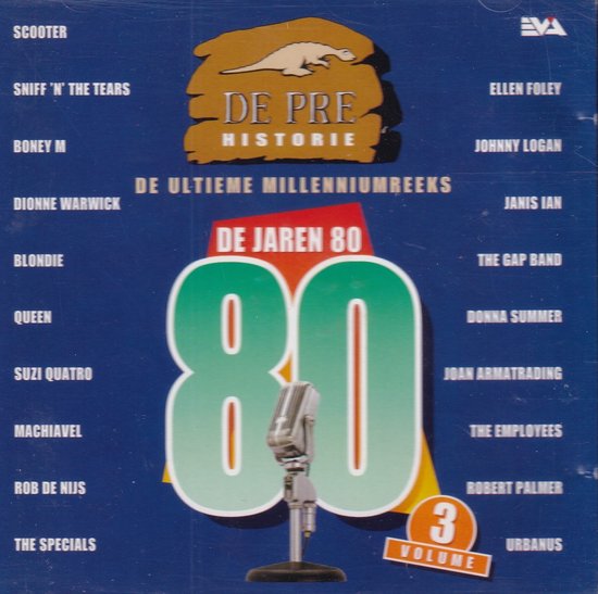 Albumhoes met de tekst 'DE PRE HISTORIE' en grote cijfers '80', met een microfoon.