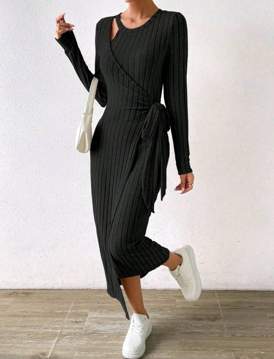 Sexy elegant zwart sportieve trui jurk corrigerend wikkeljurk maat L