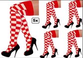 5x Paar Lange sokken geblokt rood/wit - lies kniekousen overknee kousen sportsokken cheerleader carnaval voetbal hockey unisex festival