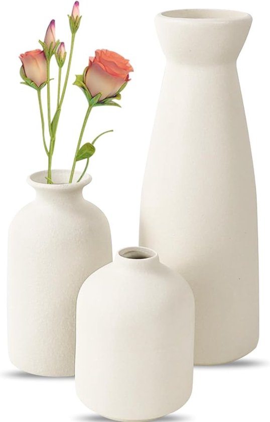 Witte keramische vazen, set van 3 kleine bloemenvazen voor decoratie, moderne rustieke woondecoratie op de boerderij, decoratieve vazen voor pampagras en gedroogde bloemen, ideeënplank, tafel, boekenplank, schoorsteenmantel, ingang -noodlijdend decor