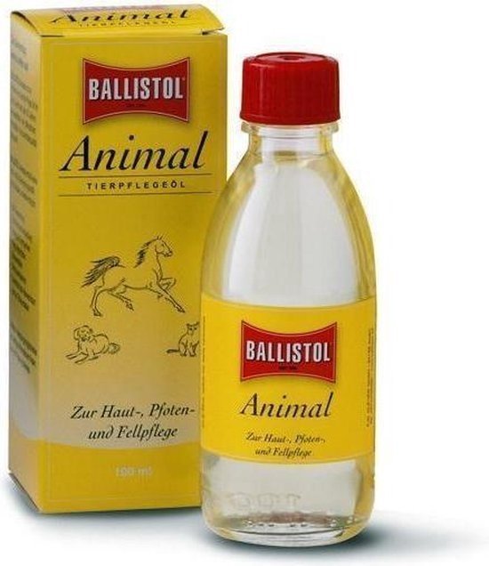 Gele verpakking met rode dop en afbeelding van dieren. Ballistol Animal Tierpflegeöl. 100 ml.