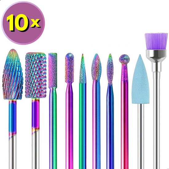 Nifkos Nagelfrees Bitjes Rainbow Diamond Style - Nagel Bitjes - Nagel Bitjes voor Frees - Opzetstukken Nagelfrees - Inclusief Opbergdoosje - Universeel - De Luxe Set 10 Stuks