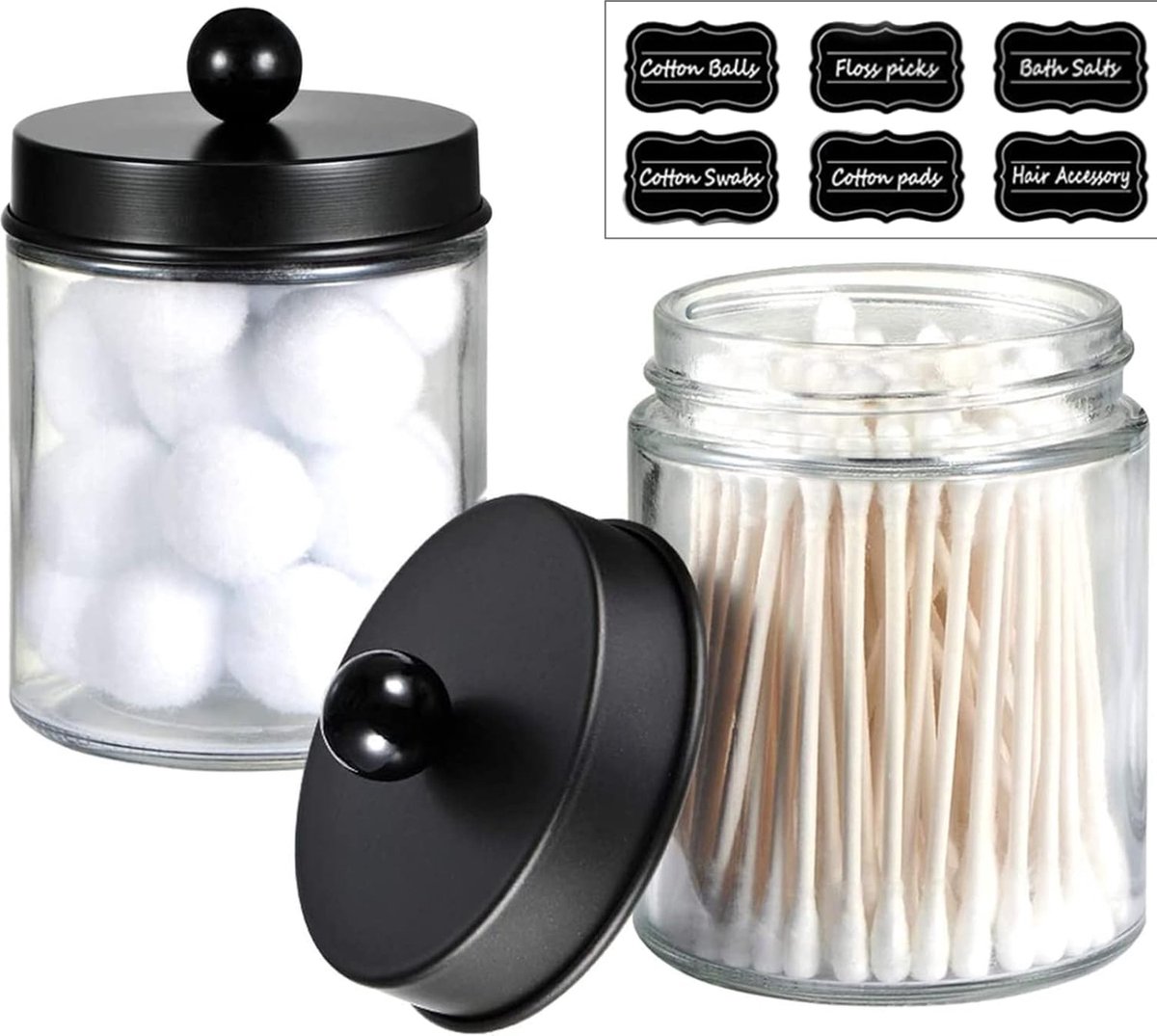 Goedkoopste Glazen wattenstaafjes, make-uptafel, badkamerorganizer, set met matzwarte roestvrijstalen deksels, wattenschijfje, make-up-organizer voor wattenstaafjes, wattenschijfjes, tandzijdepicks, set van 2
