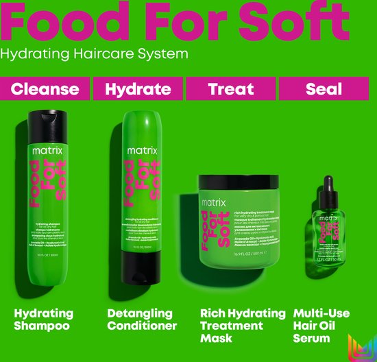 Système de soins capillaires hydratants Matrix Food For Soft : shampooing, après-shampooing, masque et sérum dans des emballages vert vif.