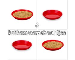 4x voerschaal voor kuikens en kippen - 4 stuks - reptielen en knaagdieren - Rond 19cm diameter - Kunststof - Rood - Antislip - inclusief 250 gram kuikenvoer