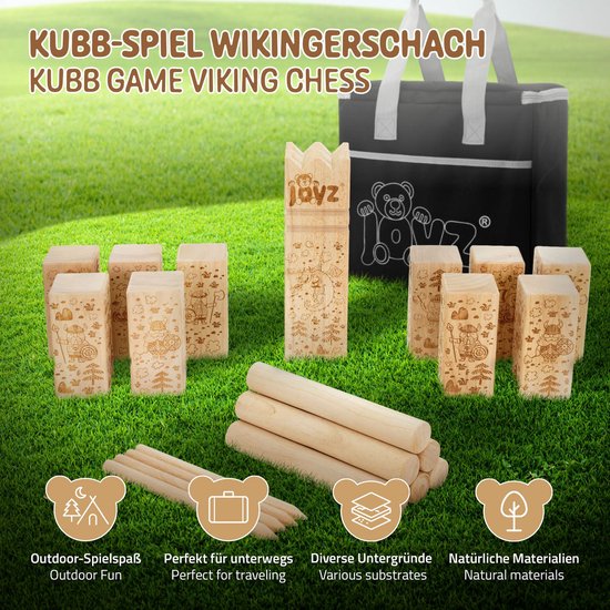 Foto: Xxl kubb spel vikingspel met 21 natuurlijke houten elementen joyz