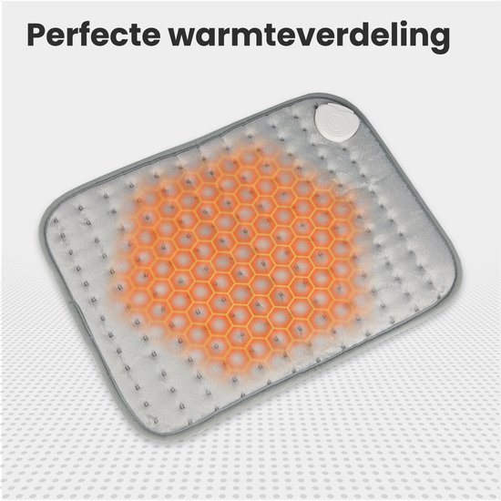 Lichtgrijs warmtekussen met hexagonaal verwarmingspatroon, met de tekst "Perfecte warmteverdeling".