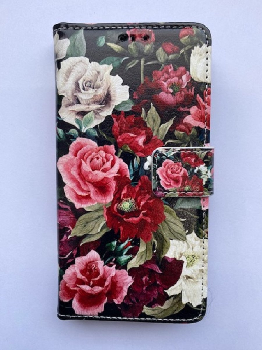 Samsung Galaxy S22 boekhoesje met bloemenprint rood - portemonnee hoesje met kaarthouder en magneetsluiting