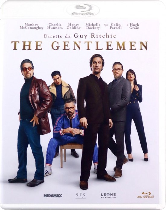 Voorzijde van de Blu-ray hoes van 'The Gentlemen' met Matthew McConaughey, Charlie Hunnam en Hugh Grant in stijlvolle outfits.