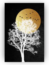 De Muurdecoratie - Glassschilderij - Boom En Vogels Met Gouden Zon - 40x60 cm - Bomen - Kunst - Acrylglas - Slaapkamer Decoratie - Kantoor