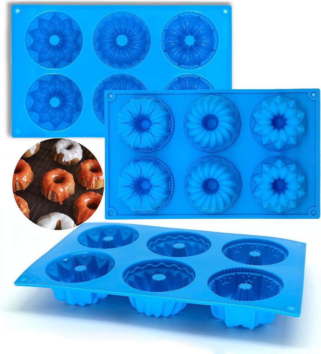 3 stuks mini tulbandvormen siliconen, tulband bakvorm, siliconen bakvorm met antiaanbaklaag 28 x 17 x 3,5 cm (blauw)
